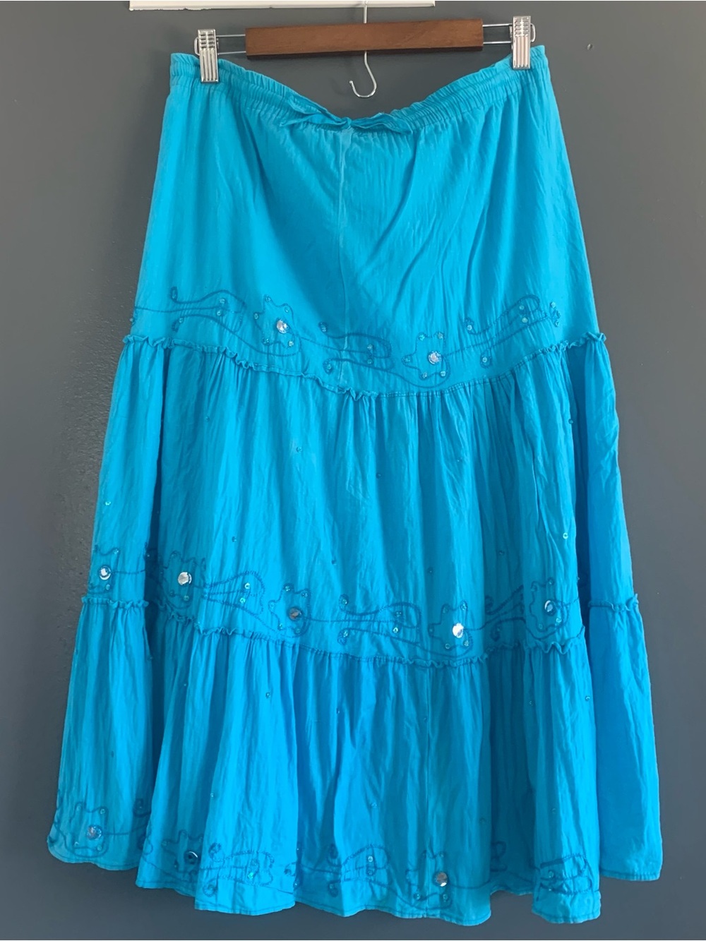 Vintage retro Boho Tiered Maxi Skirt in Vibrant Turquoise